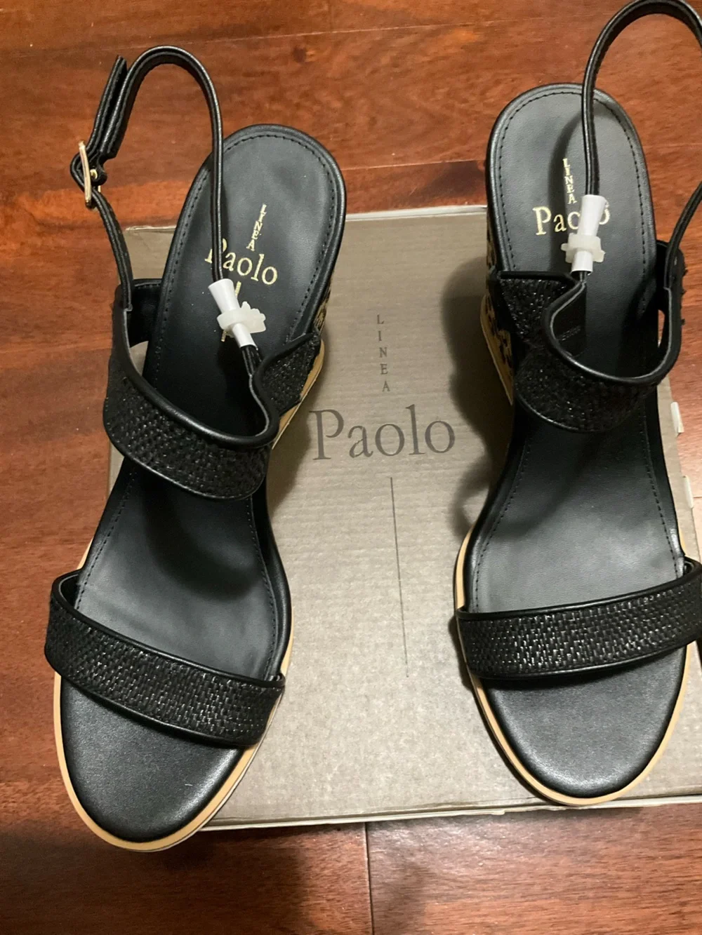 Linea Paolo Edith Black Strappy Wedge Sandal with Leopard-Print Heel Size 11
